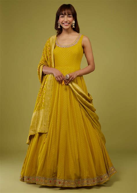 Buy Mustard Yellow Georgette Anarkali Set With Brocade Dupatta