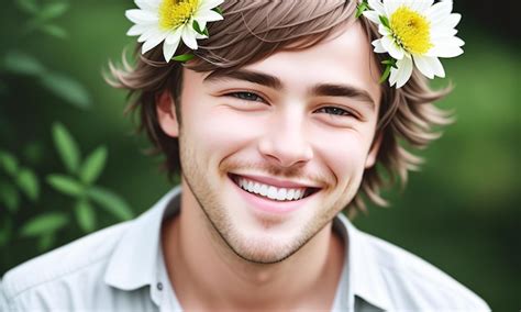 Retrato Hermoso Hombre Con Flores En La Cabeza Hombre Con Arreglo