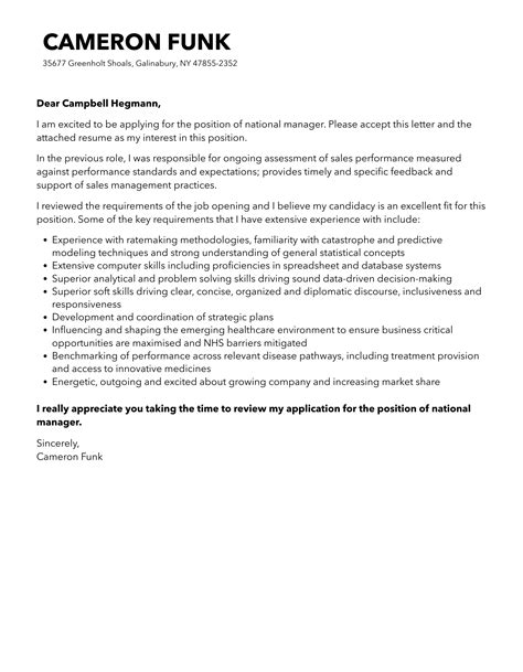 National Manager Cover Letter | Velvet Jobs