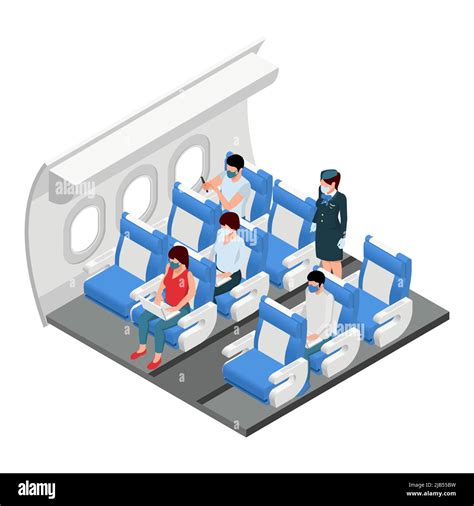 Airplane Travel Class Section Interior Isometric View With Passengers In Their Seats Standing