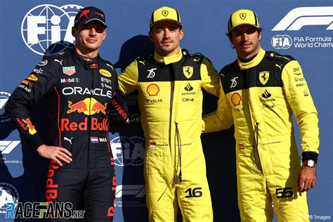 L To R Max Verstappen Red Bull Charles Leclerc Carlos Sainz Jr