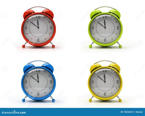 Four Colourful Alarm Clocks Isolated On White Background D Stock Image