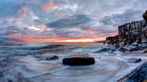 4K Rocks Sunset Glow Sunset Water Nature Sea Clouds HD