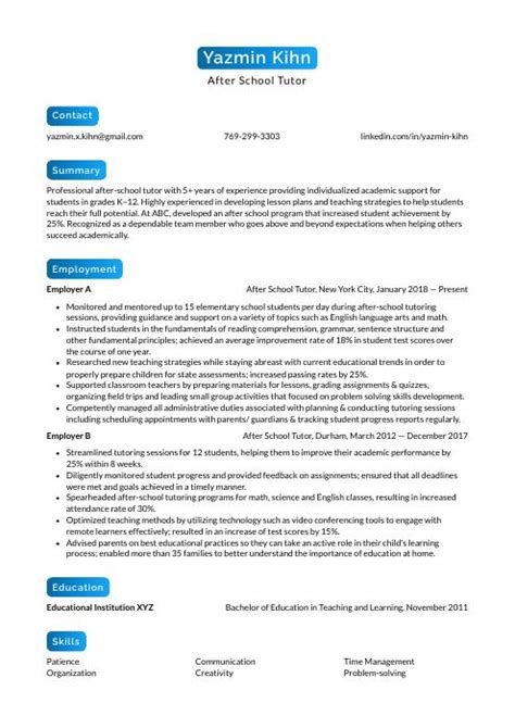 After School Tutor Resume Cv Example And Writing Guide