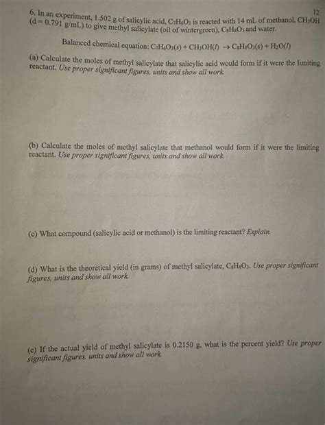 6 In An Experiment 1 502 G Of Salicylic Acid Chegg