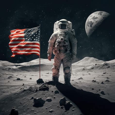 Un Astronauta En La Luna Con Una Bandera Foto Premium