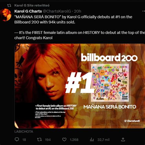 Karol G hizo historia se convirtió en la primera cantante latina en llegar al número uno de