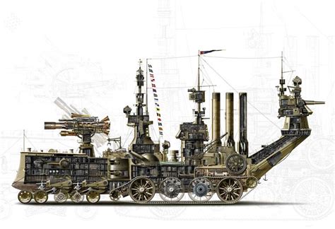 Steampunk Land Ship Cutaway M3H1 Drawing by Geoff Wiggins | Saatchi Art