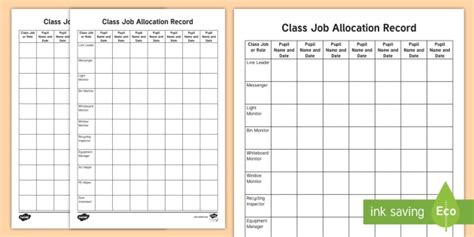 Classroom Job and Role Allocation Planning Template - job, role