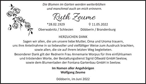 Traueranzeigen Von Ruth Zeume M Rkische Onlinezeitung Trauerportal