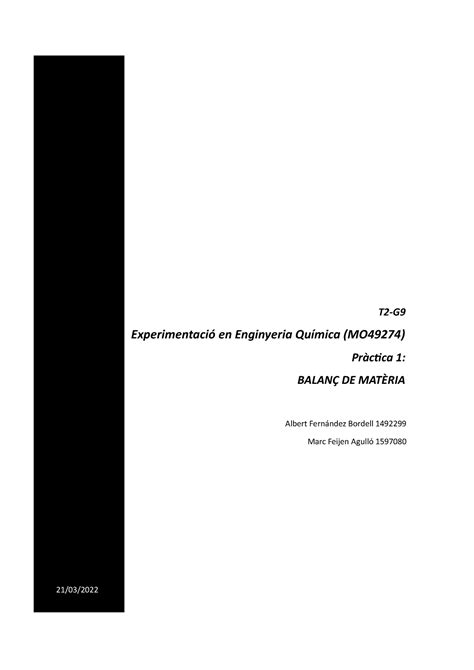 Balanç De Matèria Informe De Pràctiques T2 G Experimentació En Enginyeria Química Mo49274