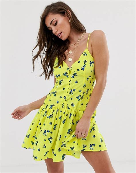 Asos Design Shirred Side Button Through Mini Sundress In Ditsy Floral Print Multi Modesens