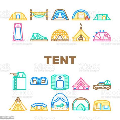 텐트 장비 관광 아이콘 세트 벡터 관광에 대한 스톡 벡터 아트 및 기타 이미지 관광 관광객 노랑 Istock