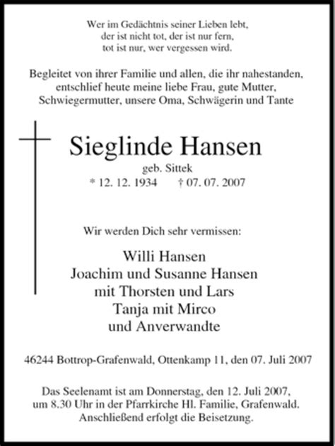 Traueranzeigen Von Sieglinde Hansen Trauer In NRW De