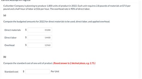 Solved Cullumber Company Is Planning To Produce 1 800 Units Chegg