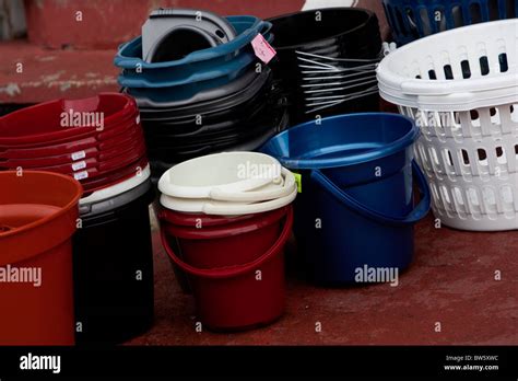 A Selection Of Plastic Buckets For Sale On The Street In Hove East