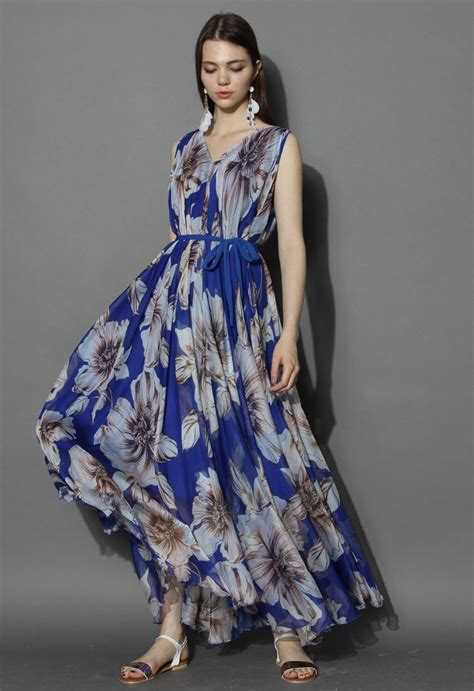 Robe Merveilleuse Florale Longue En Mousseline De Soie Bleu Retro