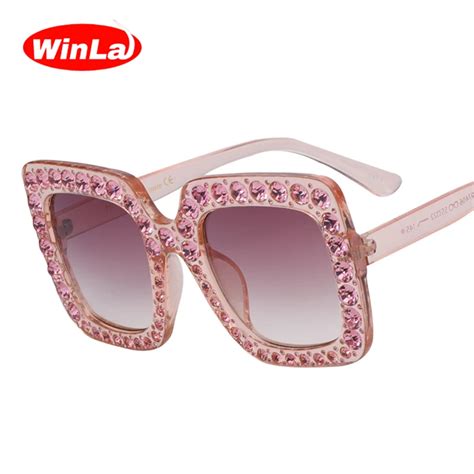 Winla Fashion Design Women Sunglasses Crystal Rim Sun Glasses Square Oversize Frame Vintage