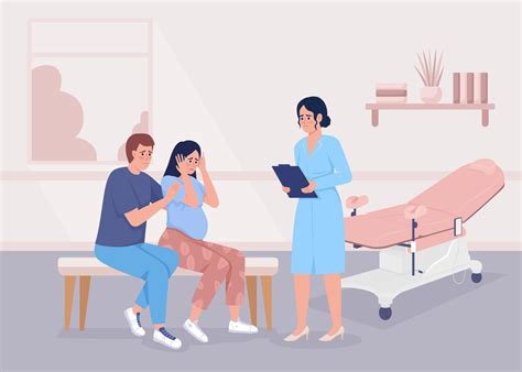 Scared Pregnant Woman With Partner Visiting Doctor Flat Color Vector