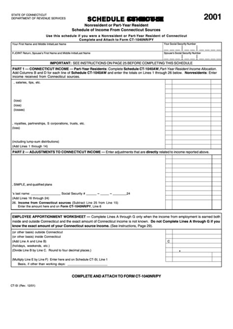 Schedule Ct Si Nonresident Or Part Year Resident Schedule Of Income