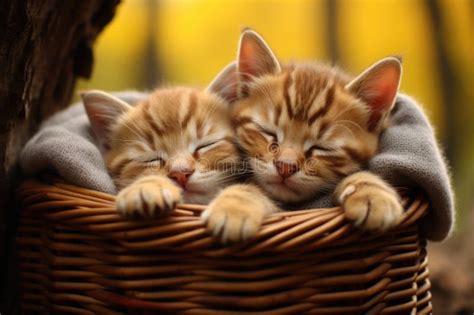 Two Striped Kittens Are Lying And Sleeping In Embrace In A Basket Stock