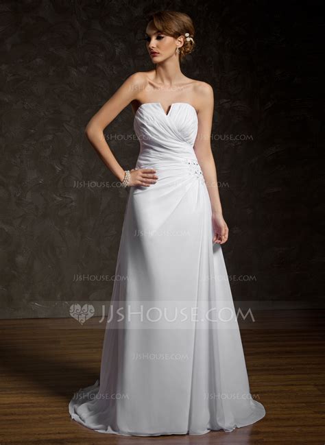 A Line Princess V Neck Chapel Train Chiffon Wedding Dress With Ruffle