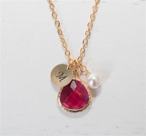 Personalized July Birthstone Necklace Ruby Gold Necklace Etsy