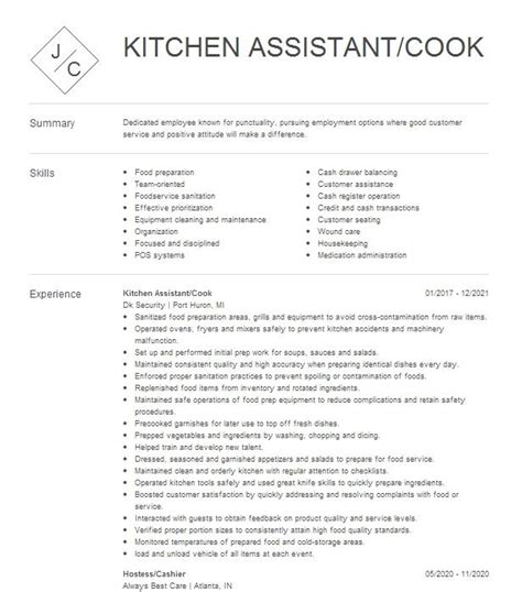 Kitchen Staff Resume