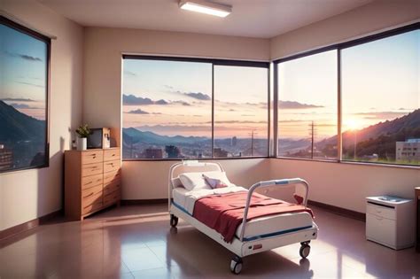 Premium Photo | A hospital bed in a room with a view of the city.