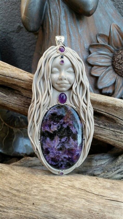 Russian Charoite Crystal Clay Poppy Goddess Pendant Handcrafted By