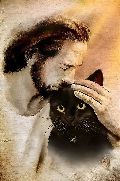 Jesus With Lovely Black Cat Vertical Poster Or Canvas Wall