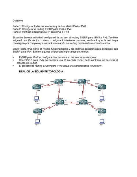 Practica 1 Unidad 5 Eigrp IPV4 IPV6 Objetivos Parte 1 Configurar