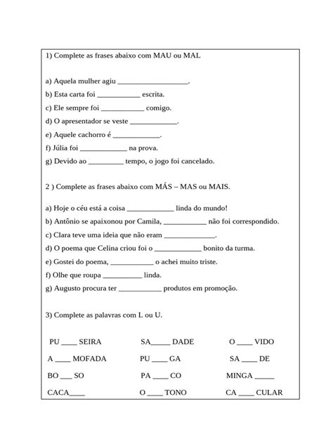 Exercicios Mal E Mau - Exercícios de Português: MAU e MAL | PDF