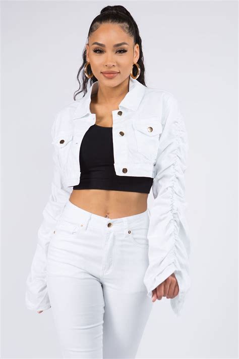 Shirring Sleeve Cropped Denim Jacket White Cropped Jacket Cropped