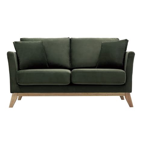 Canapé scandinave déhoussable 2 places en tissu effet velours kaki et