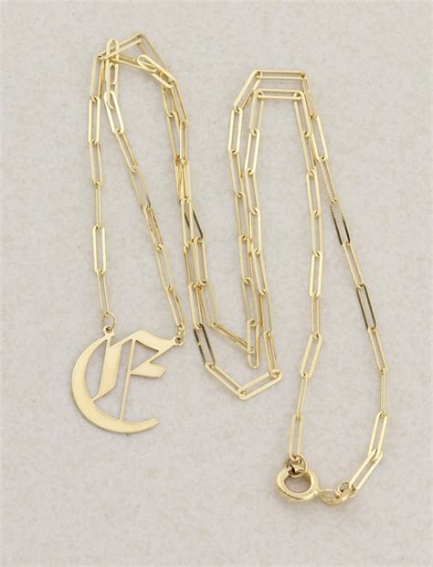 14k Yellow Gold Letter E Gothic Cursive E Necklace 18 Gem