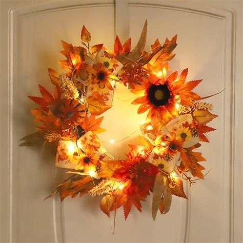 Rkstn Fall Wreaths For Front Door Artificial Sunflower Wreath With Lights Simulation Maple Leaf