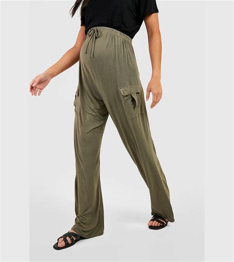 Buy Boohoo Maternity Wide Leg Jersey Relaxed Cargo Trousers In Khaki