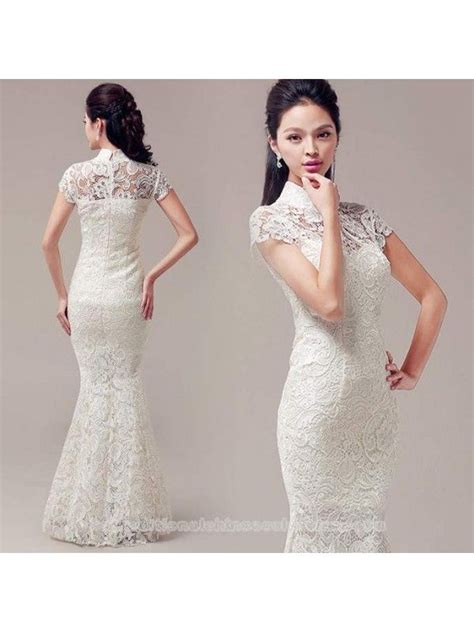 Cap Sleeve White Lace Checonsam Chinese Mandarin Collar Wedding Dress