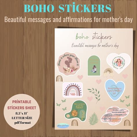 Boho Printable Stickers Sheet, Print and Cut Stickers, Affirmation and Quotes for Mothers Day ...