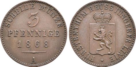 Reuss jüngere Linie 3 Pfennig 1868 A Heinrich XIV 1867 1913 ss vz