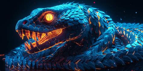 Premium Photo | A blue snake with glowing eyes is surrounded by lava.