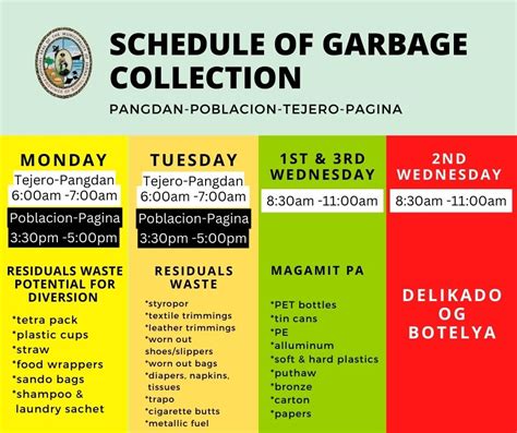 SCHEDULE OF GARBAGE COLLECTION IN METRO JAGNA Municipality Of Jagna