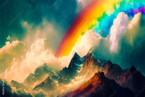 Rainbow above mountains. Mountain peaks in clouds with bright rainbow ...