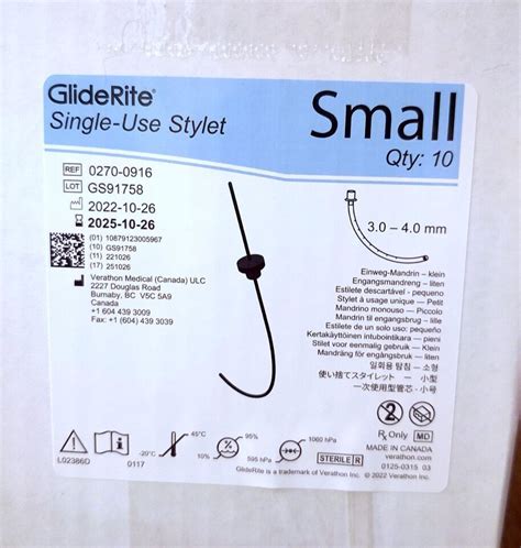 New Verathon Glidescope 0270 0916 Gliderite Single Use Stylet Small