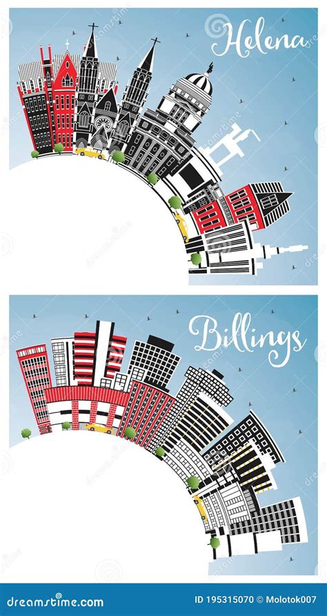 Helena and Billings Montana City Skylines Set with Color Buildings ...