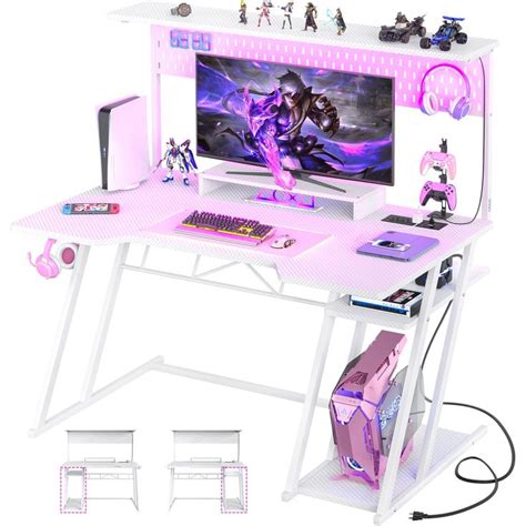 Gaming Computer Desk With Storage Shelves And Z Shaped Legs White Gaming