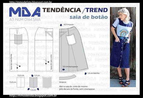 A3 NUMo 0164 SKIRT SAIA BOTÃO Modelista Padrões de costura fáceis