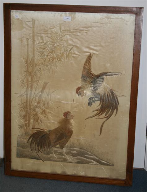 A Japanese Silk Embroidered Panel Meiji Period Depicting Two