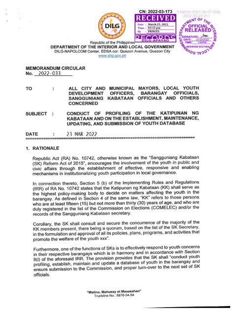 Dilg Mc 2022 033 Re Conduct Of Profiling Of The Katipunan Ng Kabataan Youth Database Pdf